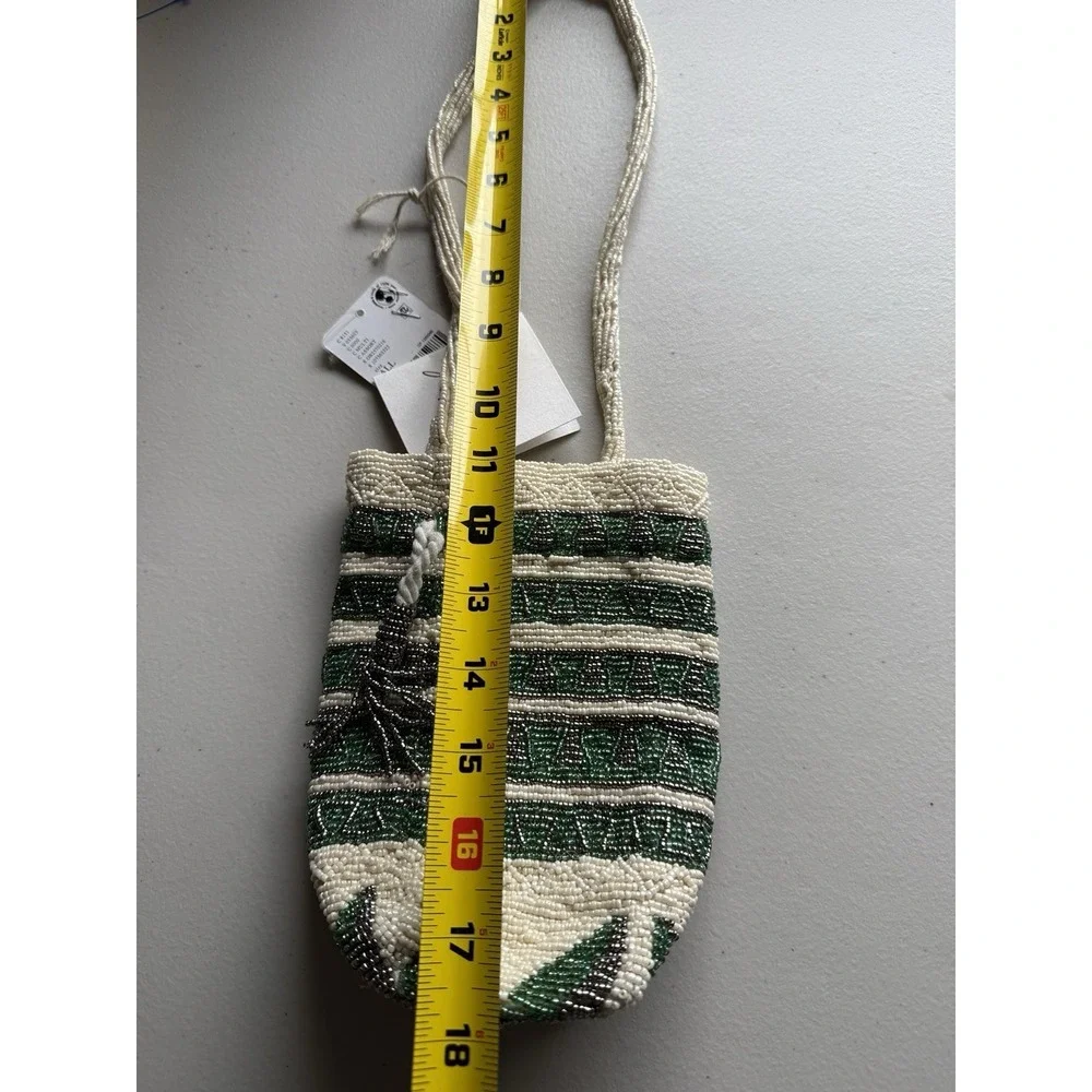 FREE PEOPLE Beaded Tassel Pouch NWT Green Ivory Drawstring Beaded Bag - Picture 12 of 13